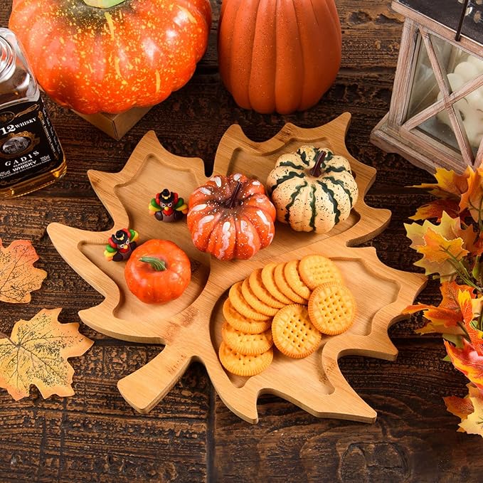 AWIZOM Maple Leaf Charcuterie Boards Thanksgiving Wooden Serving Platter Bamboo Serving Tray Sectional Fall Leaf Wood Dish Plate for Halloween Autumn Harvest Party Supplies,14.17x14.17x0.59 Inch