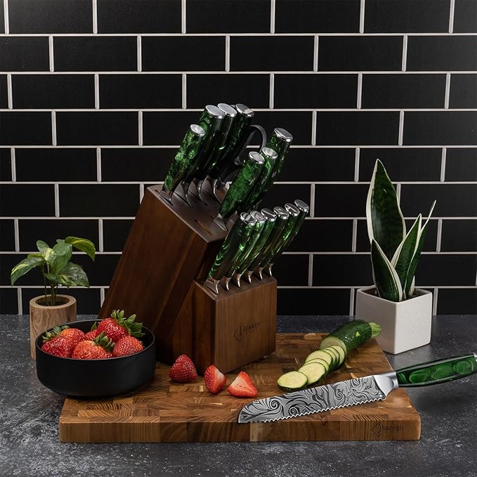 SENKEN Engraved Japanese Kitchen Knife Set with Beautiful Green Resin Wood Handles - Wasabi Collection - Chef's Knife, Bread, Cleaver, Paring, & More (16-Piece Knife Block Set)