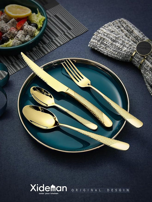 16-Piece Modern Champagne Gold Hammered Silverware Set with Ultra Sharp 2-IN-1 Serrated Knive, Golden 18/10 Stainless Steel Flatware Set, Utensil Cutlery Set for 4 Person, Forks Spoons Knives