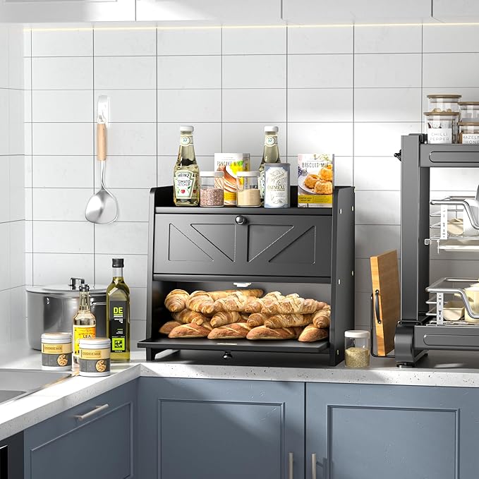 Bread Box for Kitchen Countertop, Double Layer Wooden Breadbox, Large Capacity Bread Storage Bin, Homemade Bread Storage Container, Farmhouse Breadbox Organizer, Black