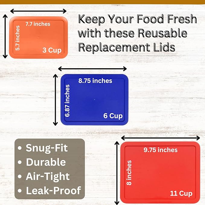 3, 6 & 11 Cup Orange, Blue, Red Replacement Lids/Covers for Pyrex, Anchor Hocking & KlareWare Storage Bowls *Lids Only Glass Container Not Included* (3 Pack *One of Each Size*)