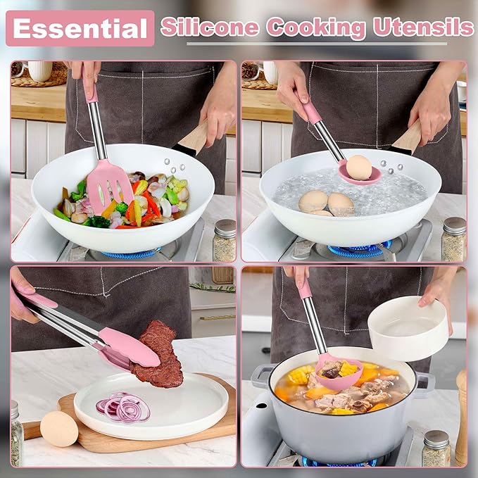 LIANYU Silicone Kitchen Utensils Set of 6, Cooking Utensils Spatula Set for Nonstick Cookware, Heat Resistant Kitchen Gadgets Tools, Stainless Steel Handle, Pink