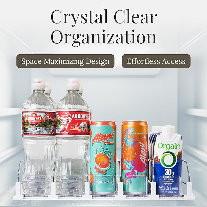 5-Piece Drink Organizer for Fridge – Spring-Loaded Rolling Can & Bottle Holder – Kitchen Storage for Soda, Water, Baby Bottles – Sliding Beverage Dispenser (Black) (White)