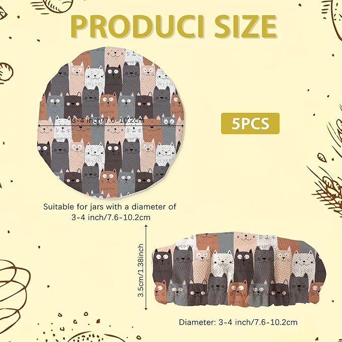 Sourdough Starter Jar Covers,5-Pack Reusable Cute Cat Gray Cats Cloth Lids for 3-4 Inch Jars,Ideal for Kombucha Kefir or Cheese Fermentation
