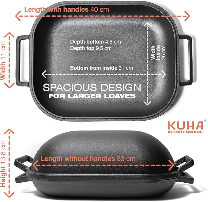 KUHA Cast Iron Bread Pan with Lid + Bread Lame - Black Heavy Duty Cast Iron Loaf Pan for Homemade Breadmaking - Pre-seasoned Bread Oven