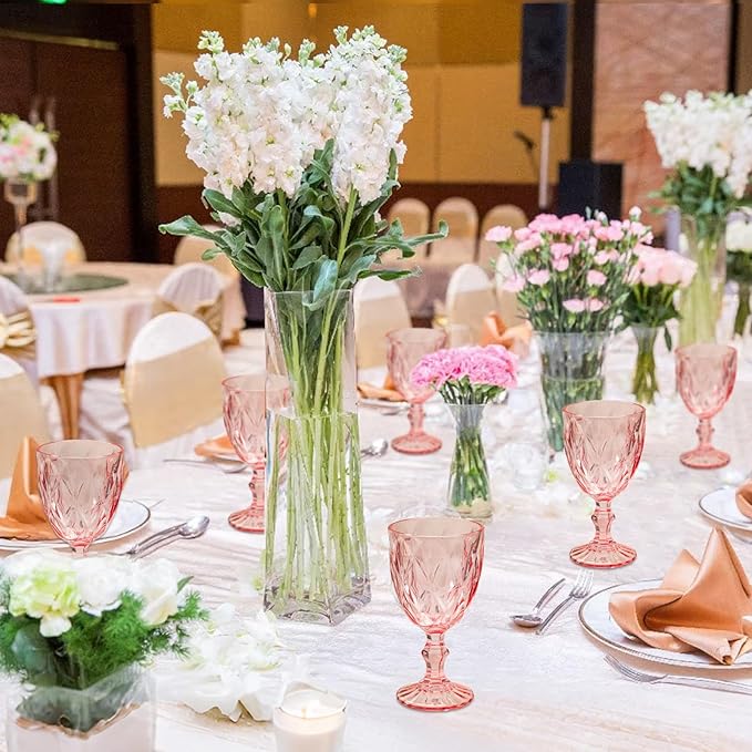 24 Pcs Vintage Wine Glasses, 10 Ounce Colored Glass Water Goblets, Unique Embossed Pattern High Clear Stemmed Glassware Wedding Party Bar Glass Drinking Cups Fancy Wine Glasses Pink Set of 24