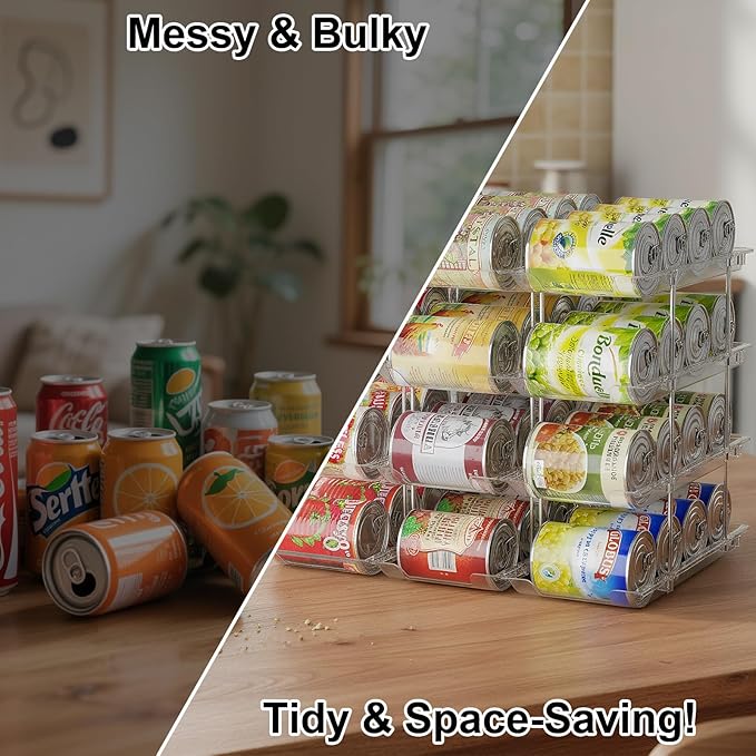 cjc 3 Sets 4 Tiers Can Organizer for Pantry, Holds 48 Cans Clear Stackable Can Organizer for Fridge, Soda Pantry Organizers and Storage Auto-Rolling & Free Combination for Countertop Kitchen Cabinet