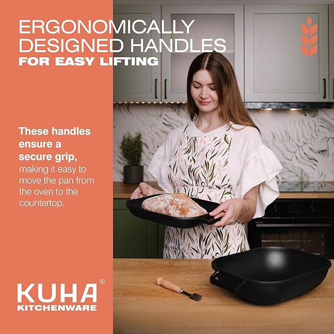 KUHA Cast Iron Bread Pan with Lid + Bread Lame - Black Heavy Duty Cast Iron Loaf Pan for Homemade Breadmaking - Pre-seasoned Bread Oven