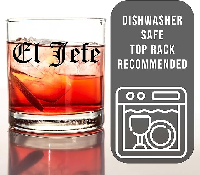 Spotted Dog Company Printed 11oz Whiskey Glass - El Jefe - The Boss - Old Tyme, National Day Gifts Best Ever Funny, Gifts for Him, Boss Gift, Father's Day