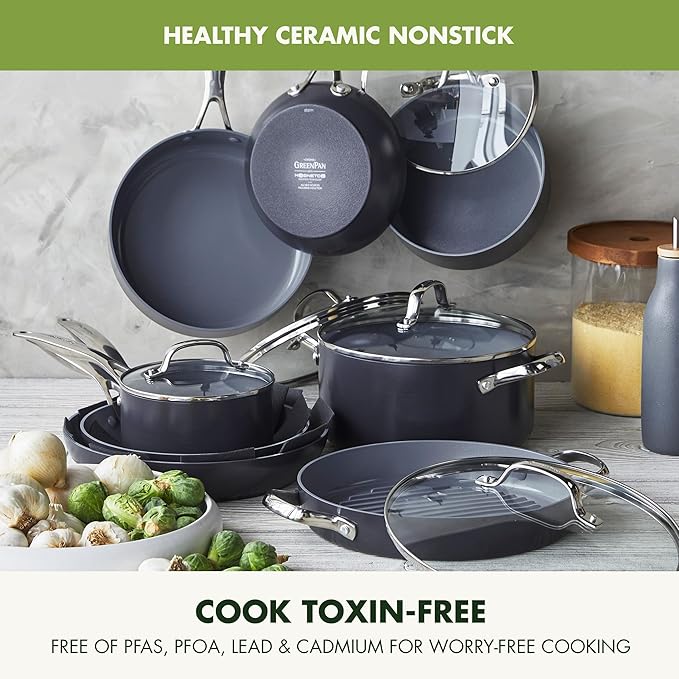 GreenPan 16 Piece Valencia Pro Ceramic Nonstick Cookware Set, PFAS-Free, Induction Ready, Hard Anodized Pots & Pans with Lids, Compatible on All Cooktops, Dishwasher & Oven Safe, Gray