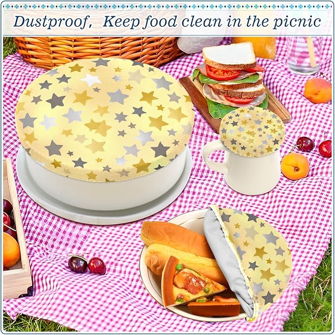 5 Pcs Bowl Covers Reusable in 5 Size Elastic Food Cover Cloth Lids Fresh Keeping Dish Cookware Bakeware Fabric Covers Lids for Food Leftovers Fruits Storage Cute Silver and Golden Stars