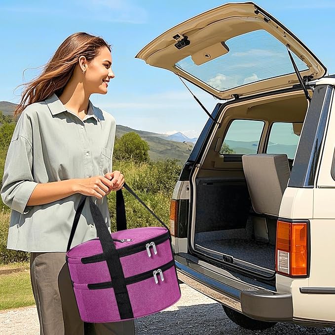 Round Double Insulated Casserole Carrier, Pie Carrier Bag, Portable Casserole Carrier for Hot or Cold Food Lunch Tote, Lunch Bag for Parties Picnic, Fits 12.5" Baking Dish, Rose Red