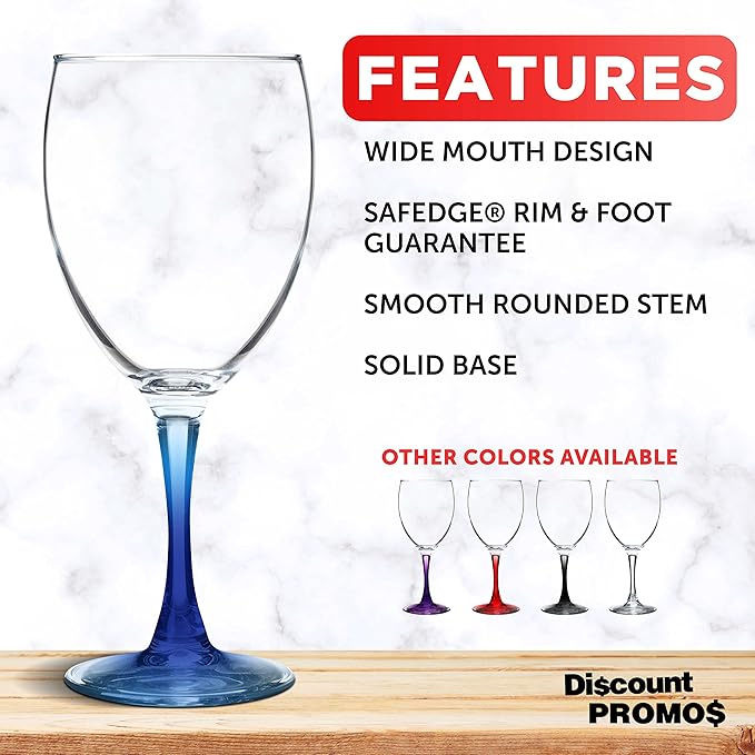 DISCOUNT PROMOS Nuance Wine Glasses by ARC 10.5 oz. Set of 10, Bulk Pack - Restaurant Glassware, Perfect for Red Wine, White Wine, Cocktails - Blue