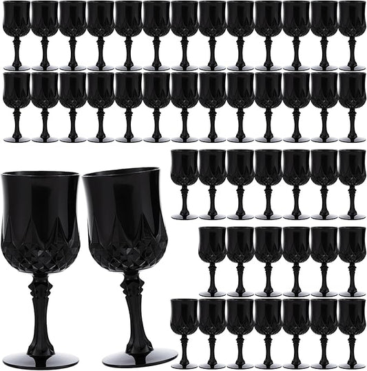 JLYLOL Plastic Vintage Wine Glasses 7OZ Plastic Goblets Vintage Drinking Glasses 48PCS Retro Wedding Glassware Water Goblets Reusable Drinking Cups for Party,Reception,Celebration,Bar,Whiskey(Black)