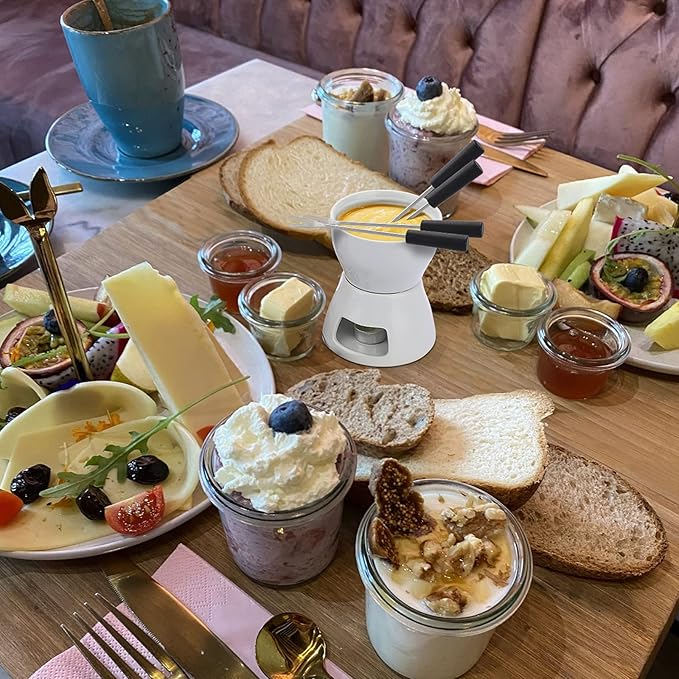 400ML Ceramic Butter Warmer Set with 4 Forks, Fondue Pot Melting Pot Set, Melt Hot Pot Bowl Set For Cheese Chocolate Butter Caramel