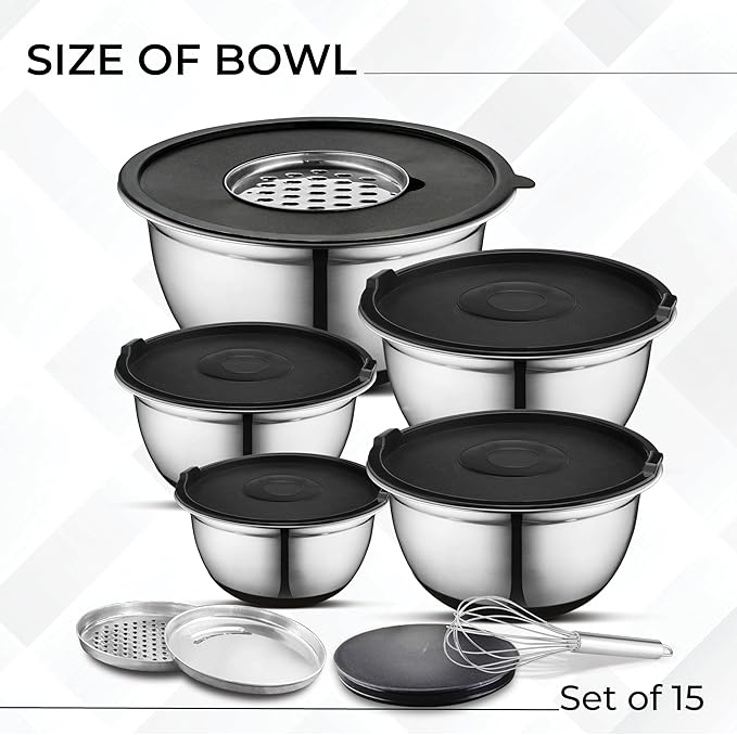 AVADOR Premium Brushed Stainless Steel Mixing Bowls Sets, Easy To Clean, Space Saving, Great for Cooking, Baking, Prepping Needs 0.25qt, 1qt, 1.5qt, 3qt, 5qt (9 pc Anti Slip with Lid and Graters)