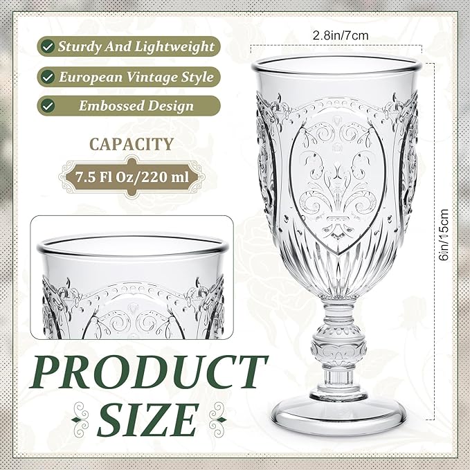 6 Pcs Plastic Goblets 7.5oz Vintage Goblet Plastic Wine Glasses Colored Retro Embossed Water Goblets for Wine Bar Juice Baby Shower Wedding Reception Grand Event Party (Clear)