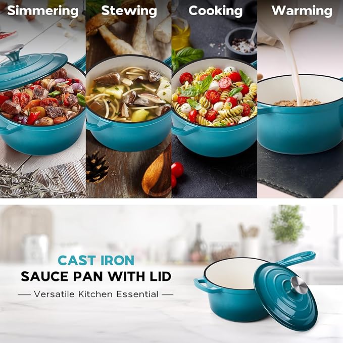 Onader 1QT Saucepan with Lid, Enameled Cast Iron Sauce Pan, Small Cast Iron Pot for Cooking, Enameled Dutch Oven Nonstick & Heavy Duty – Dark Cyan