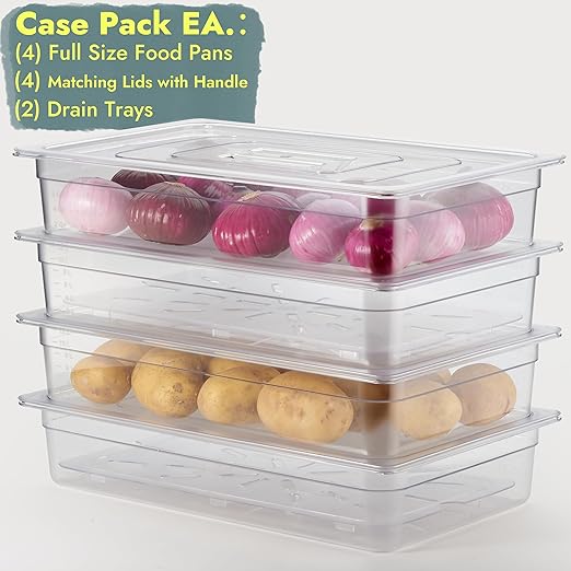 CURTA 4-Pack Full Size 4" Deep NSF Polycarbonate Food Pans with Handled Lids & Drain Trays | Dishwasher & Freezer Safe Clear Container for Prep Tables, Buffet, Salad Bar, Commercial Kitchen