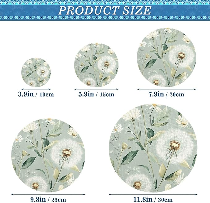 5 Pcs Bowl Covers Reusable in 5 Size Elastic Food Cover Cloth Lids Fresh Keeping Dish Cookware Bakeware Fabric Covers Lids for Food Leftovers Fruits Storage Sage Green Dandelion