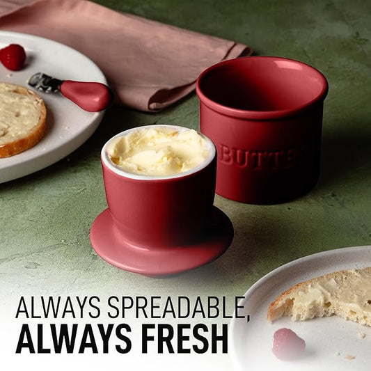 Zulay Kitchen Porcelain Butter Crock With Lid & Knife - Authentic French Butter Dish For Fresh & Spreadable Butter - Garnet