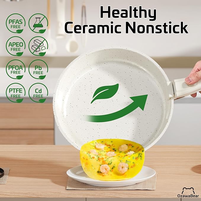 26 Pcs Pots and Pans Set Non Stick, Ceramic Cookware Set Non Toxic with Detachable Handles, Healthy Induction Cookware Oven Safe RV Kitchen Set, PFAS PFOA & PTFE Free, Cream White