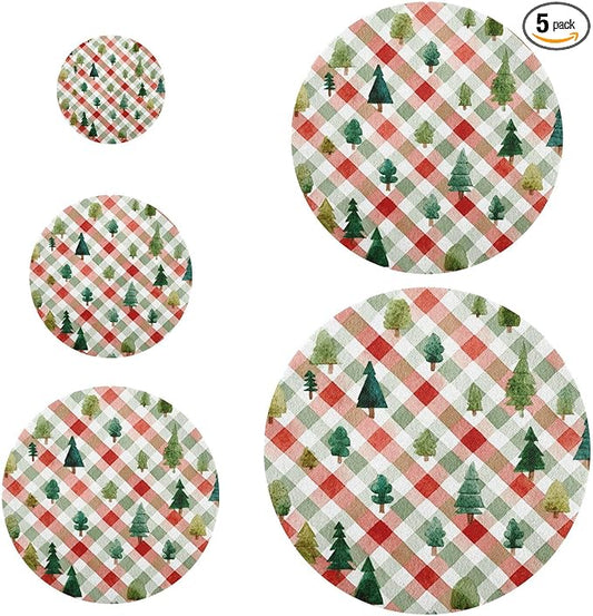 5 Pcs Bowl Covers Reusable in 5 Size Elastic Food Cover Cloth Lids Fresh Keeping Dish Cookware Bakeware Fabric Covers Lids for Food Leftovers Fruits Storage Watercolor Christmas Plaid Trees