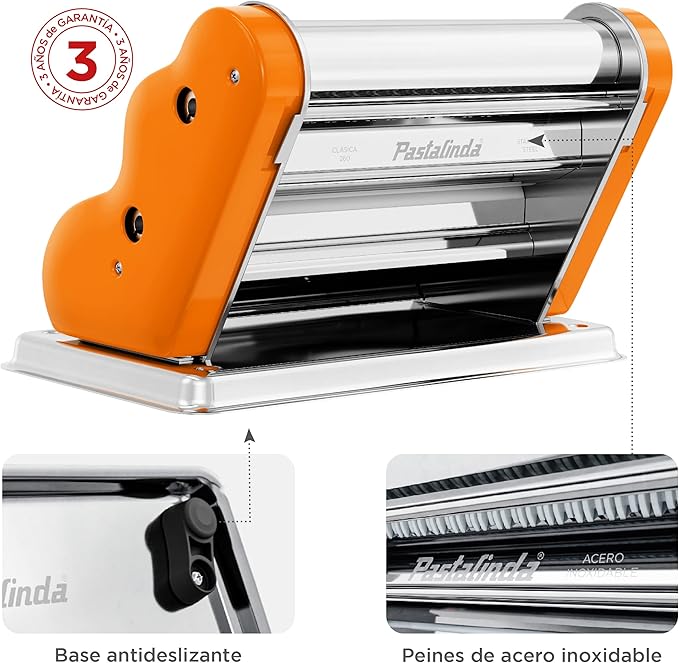 PASTALINDA Classic 260 Pasta Maker Machine, 26 cm Wide Rollers, 9 Thickness Positions, 2 Cutting Positions, Stainless Steel. Includes Reinforced Hand Crank And Two Clamps (Orange)