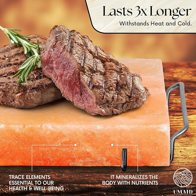 UMAID Himalayan Salt Block For Grilling, Cooking, Cutting and Serving,8X8X1.5 Food Grade Himalayan Pink Salt Stone on Stainless Steel Plate & Recipe Pamphlet, Unique Gifts for Men, Women, Chef, Cooks