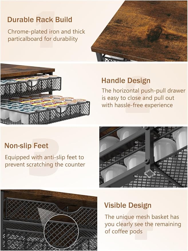 MOOACE Coffee Pod Holder for K Cup Holder Drawer Holder, Coffee Pod Drawer For Counter, 2 Tier K-Cup Storage With Sliding Baskets, 72 Capacity Pods Organizer Cups Capsule for Coffee Station, Black