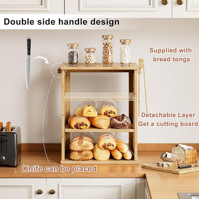 WOWLIVE Bamboo Bread Box for Kitchen Countertop, Large 3 Layers Bread Storage Container for Homemade Bread with Window, Farmhouse Breadbox Organizer for Kitchen, Cabinet, Pantry (Natural, Meduim)