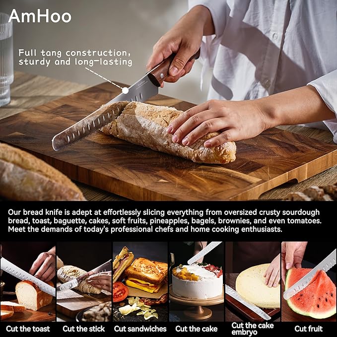 AmHoo Bread Knife 10-inch German High Carbon Stainless Steel Ultra Sharp Serrated Handle Walnut Wood for Homemade Bread Cake Christmas Gifts