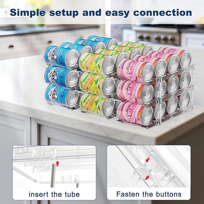 Can Organizer For Pantry,3 Sets 4 Tiers Pantry Organizers And Storage, Pantry Organizer for Fridge 36 Standard and Tall Cans Rack Automatic Rolling Stackable Canned Food Organizer, Clear