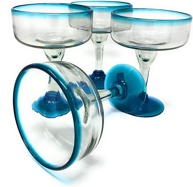 Mexican Hand Blown Glass – Set of 4 Hand Blown Margarita Glasses (16 oz) with Aqua Blue Rims