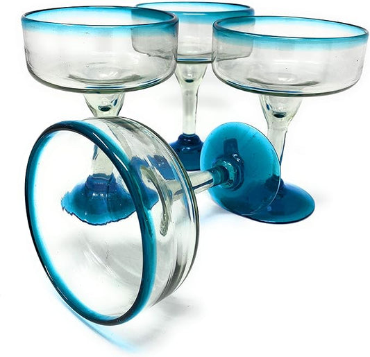 Mexican Hand Blown Glass – Set of 4 Hand Blown Margarita Glasses (16 oz) with Aqua Blue Rims