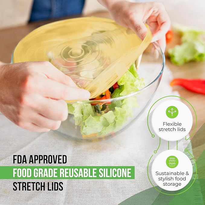 Reusable Silicone Stretch Lids for Food Storage in Fridge - Elastic Heat-Resistant Bowl Covers, Cups, Cans, Jars - Universal Food Grade Lid for Round and Rectangle Containers - 7 Pack - Multicolor