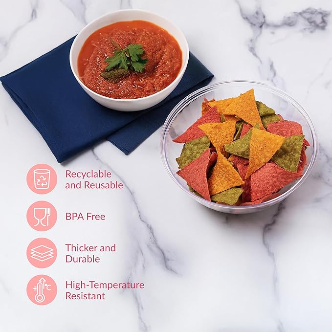 Prestee Clear Plastic Serving Bowls, 48 Oz. 12 Pack - Round Disposable Bowls, Punch, Party, Chip Bowl Containers - for Candy, Salads, Parties, & Serving Food - Large Salad Bowl Dish for Eating