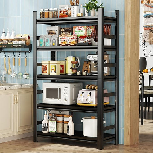 Metal Kitchen Shelf, Heavy Duty 5 Tier Adjustable Storage Shelf, 3000 lb. Load Capacity, Steel Dividers for Heavy Duty Tools and Cookware, Ideal for Kitchen, Pantry, Garage, Black