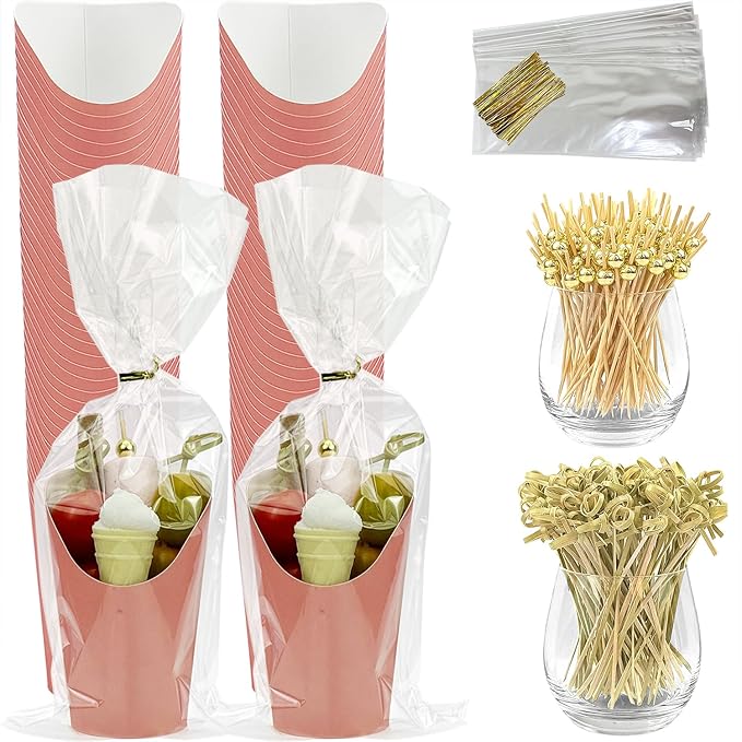 CAMKYDE 50 Sets Disposable Charcuterie Cups with Sticks and Bags, 12 oz Pink Paper Snack Appetizers Cup French Fry Holder with Cocktail Picks Toothpicks (50 Cups+50 Bags+200 Sticks)