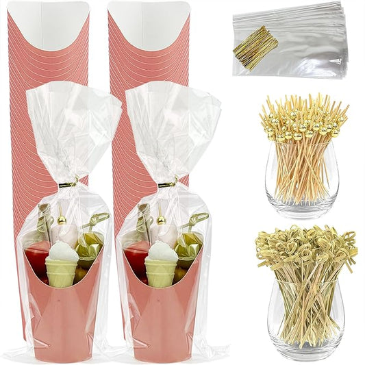 CAMKYDE 50 Sets Disposable Charcuterie Cups with Sticks and Bags, 12 oz Pink Paper Snack Appetizers Cup French Fry Holder with Cocktail Picks Toothpicks (50 Cups+50 Bags+200 Sticks)