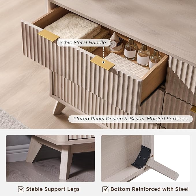 T4TREAM Fluted 6 Drawers Dresser, 54" Wide Modern Chest of Drawers, Curved Profile Design, Dresser TV Stand, Wood Drawer Organizer for Bedroom, Living Room, Hallway, White Alder