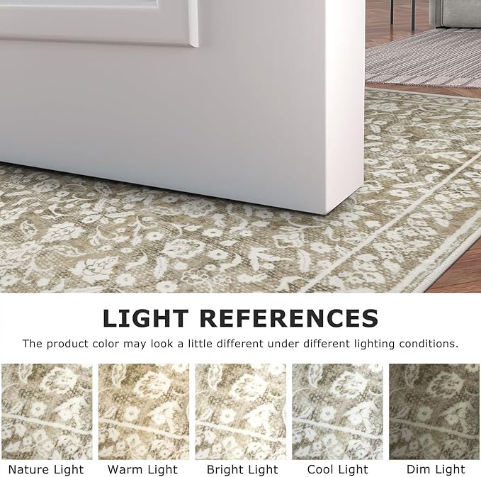 Vintage Runner Rugs for Hallway 3x10, Beige Washable Long Hallway Runner Rug Non Slip, Super Soft Kitchen Runner Rug, Print Faux Wool Floral Thin Carpet Runner for Entryway Bedroom