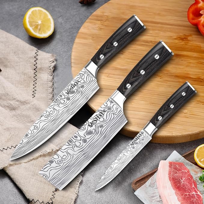 MOSFiATA Professional Chef Knife Set with German High Carbon Stainless Steel Kitchen Knife Set 3 PCSwith Finger Guard,Knife Sharpener,Knives Set for Kitchen with Gift Box