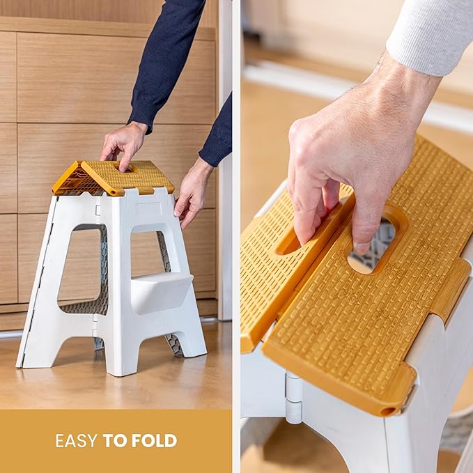 Vigar Compact Step Stool Foldable, 16-inch Two-Step Stools for Adults up to 330 Pound, Lightweight Stool, Non-Slip Folding Step Stool, Grey, Bamboo Print on Top