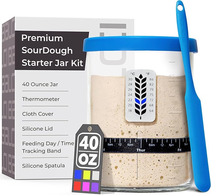 Premium Sourdough Starter Jar - 40oz Large Sourdough Jar with Marked Feeding Band, Thermometer, Scraper, Cloth Cover and Silicone Lid/Base, Wide Mouth Starter Kit - Blue