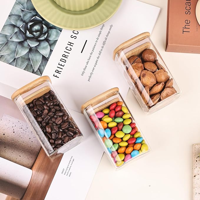 6oz Glass Spice Jars with Bamboo Lid and Label, 12 Pack Square Glass Container, Small Food Storage Containers for Kitchen, Clear Empty Seasoning Jar for Sugar, Salt, Coffee Bean, Herb, Borosilicate