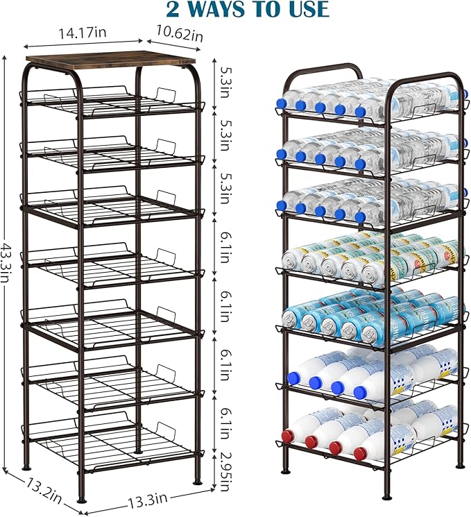 smusei Water Bottle Organizer 7 Tier Free Standing Water Bottle Storage Rack Metal Water Bottle Rack Shelf Large Capacity Bottled Water Holder Beverage Drink Stand for Kitchen Pantry Office, Brown
