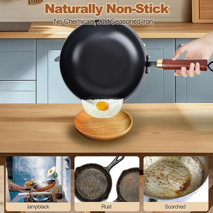 Suntuup Japanese Iron Pan, Uncoated Thick Iron Pot, Hand-Forged Non-Stick Stir Fry Pans Without Chemical Coating, Durable Rust-Free Flat Bottom Pan