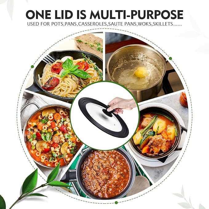 Universal Lid for Pots, Pans and Skillets, Pot Lid With Heat Resistant Silicone Rim and Tempered Glass, Fits 11", 12", 12.5" Diameter Pots and Pans