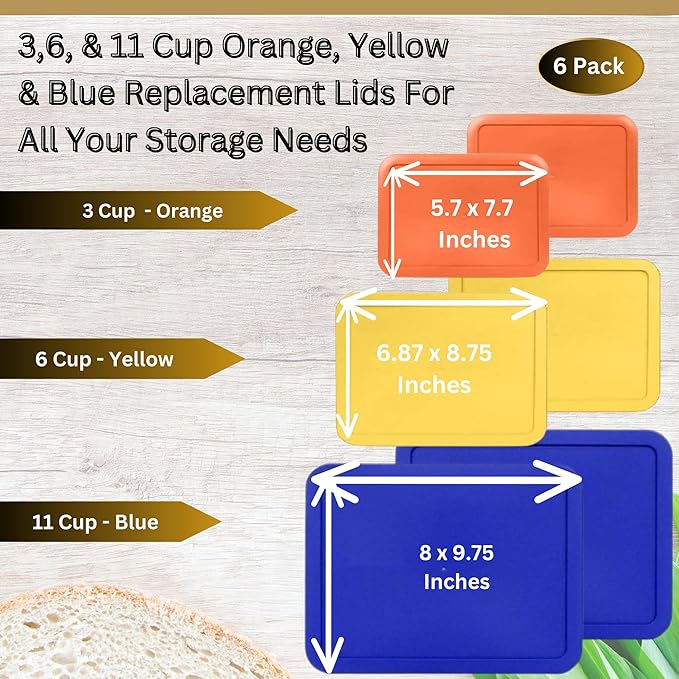 3, 6 & 11 Cup Orange, Yellow, Blue Replacement Lids/Covers for Pyrex, Anchor Hocking & KlareWare Storage Bowls *Lids Only Glass Container Not Included* (6 Pack *Two of Each Size*)